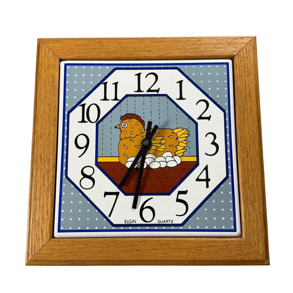 Vintage Elgin Quartz Wall‎ Clock Chicken Hen Ceramic Tile Wood Frame Country